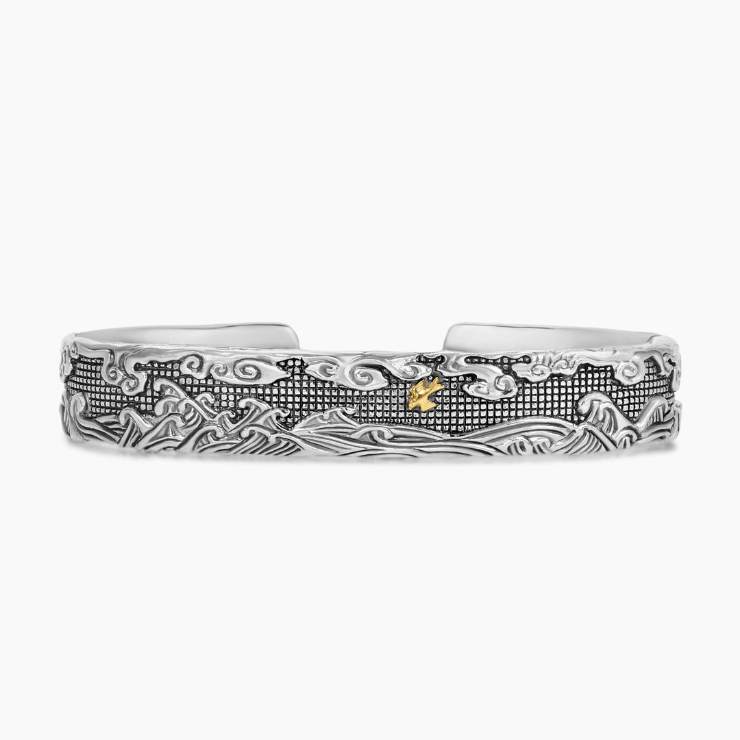 David Yurman Waves Cuff Bracelet Sterling Silver with 18k Yellow Gold, 12mm