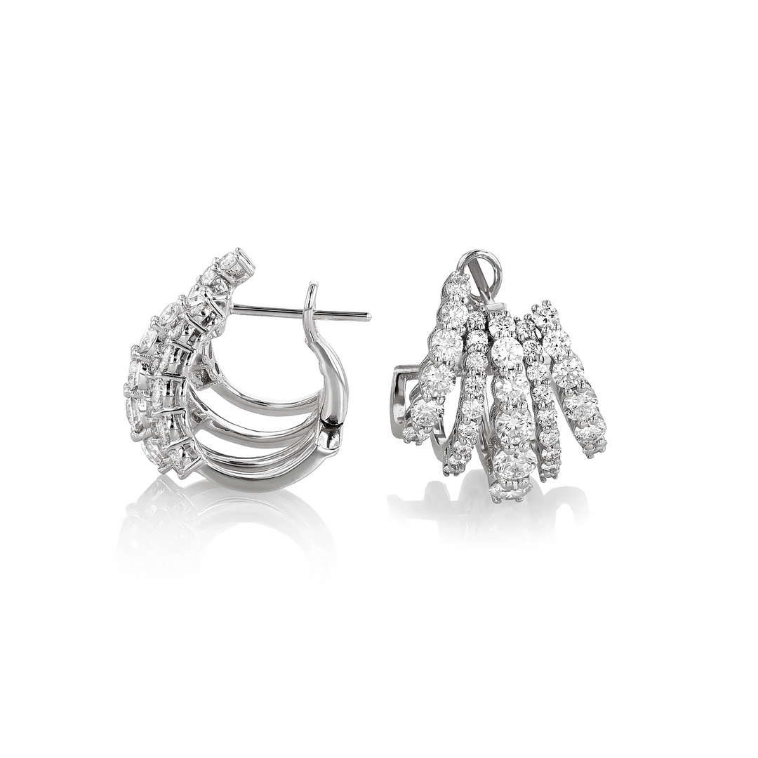 18k White Gold and Diamond 2.68 Total Weight Five Row Hoops
