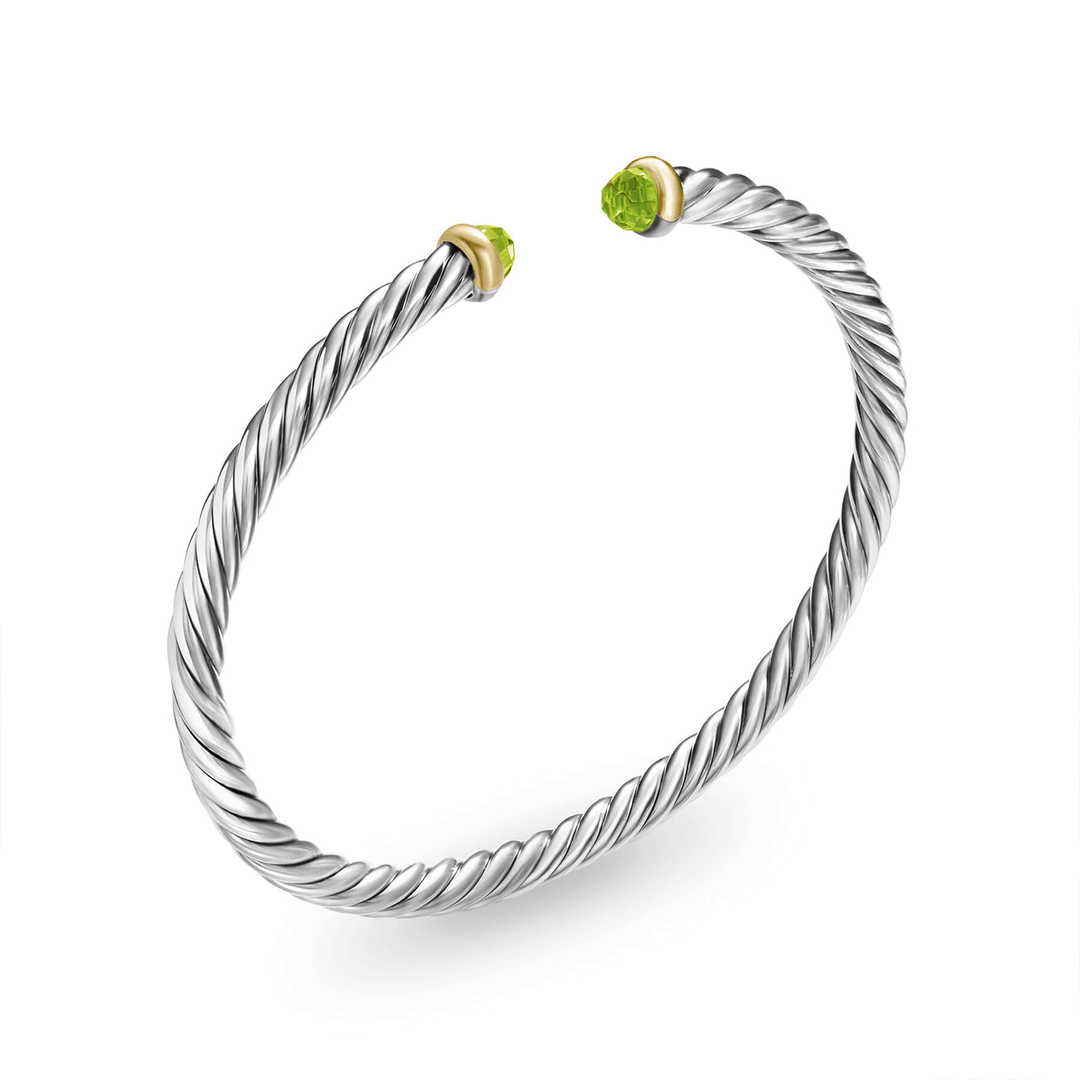 David Yurman Cable Flex Bracelet Sterling Silver with 14k Yellow Gold and Peridot, 4mm