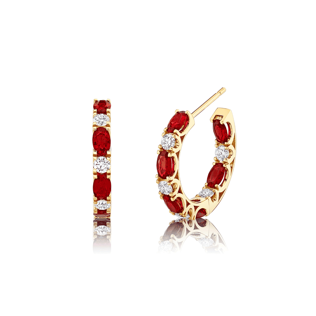 18k Gold Rubies Total Weight 2.65 and Diamond In Out 22mm Hoops