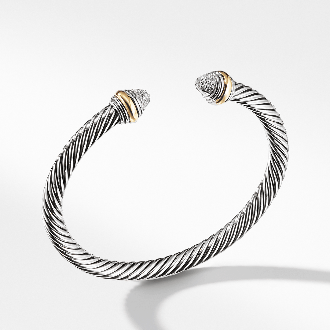 David Yurman Classic Cable Bracelet Sterling Silver with 14K Yellow Gold and Pavé Diamond Domes, 5mm