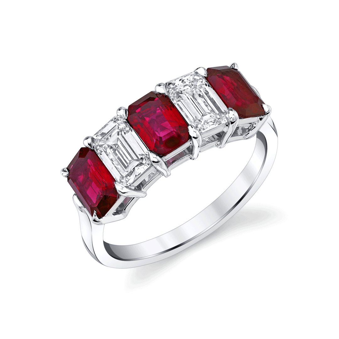 Platinum Ruby 1.97 Total Weight and Emerald Cut Diamond 5 Stone Band