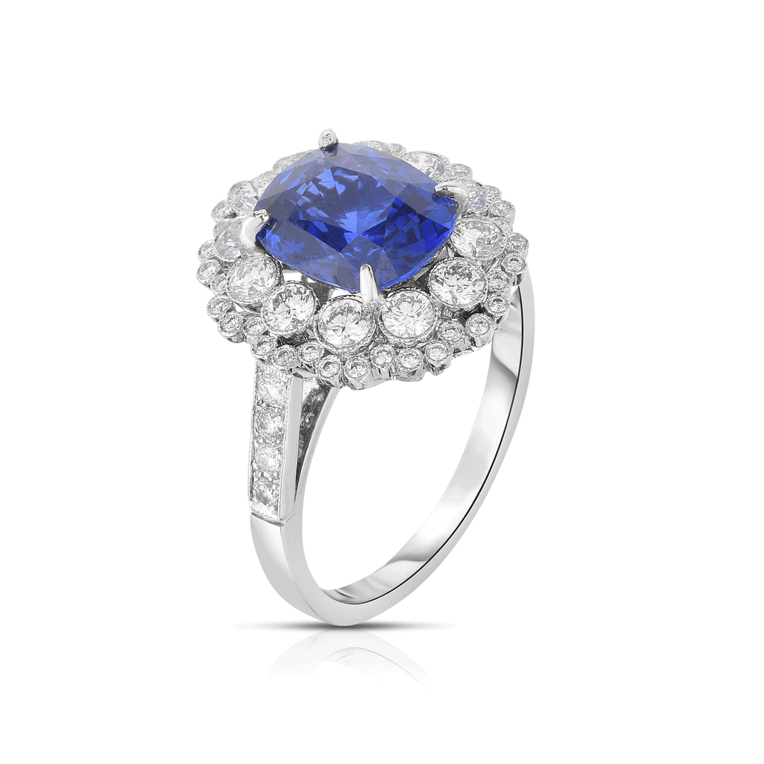 Platinum Cushion Sapphire 3.22 Total Weight and Diamond Ring