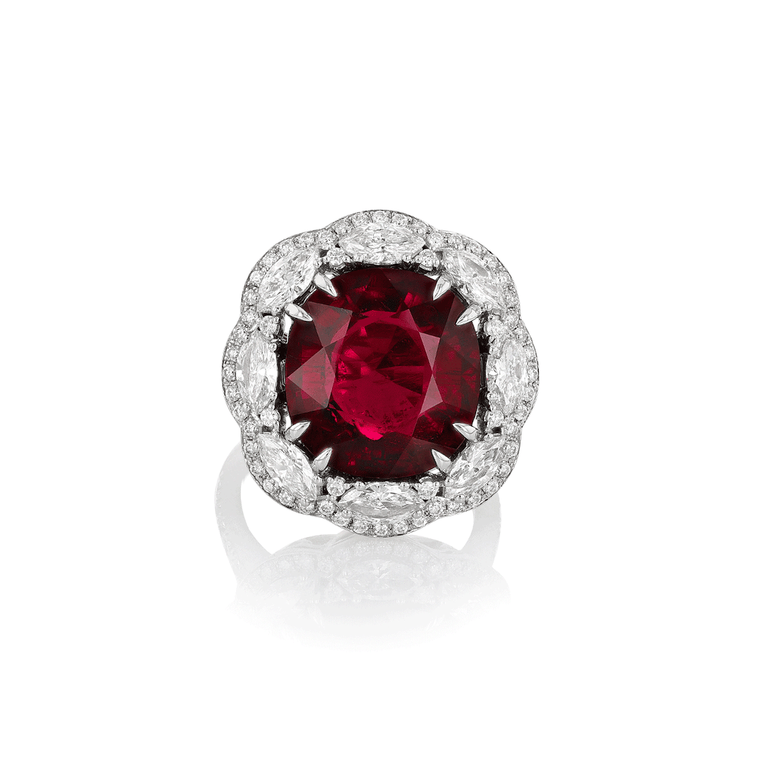 18k White Gold Rubelite Tourmaline 9.52 Total Weight and Diamond Ring