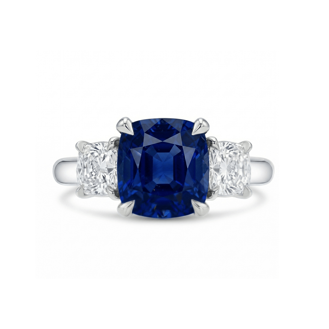 Platinum Three Stone Ring with Cushion Shape Sapphire 3.27 Total Weight and Diamonds