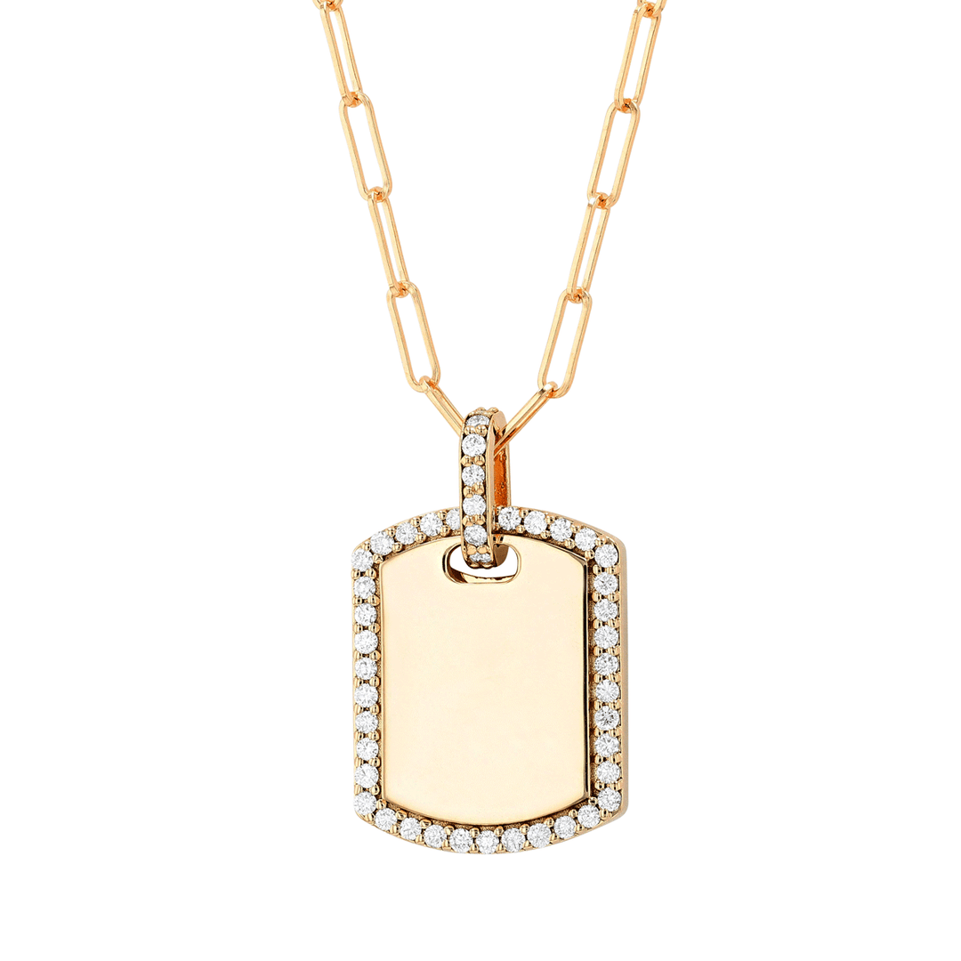 18k Yellow Gold and Diamond .38 Total Weight Dog Tag Pendant with Chain
