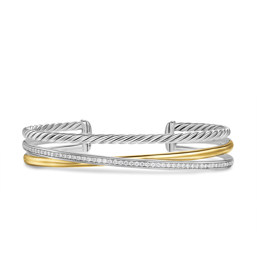 David Yurman Crossover Three Row Bracelet Sterling Silver with 18k Yellow Gold and Diamonds, 11mm