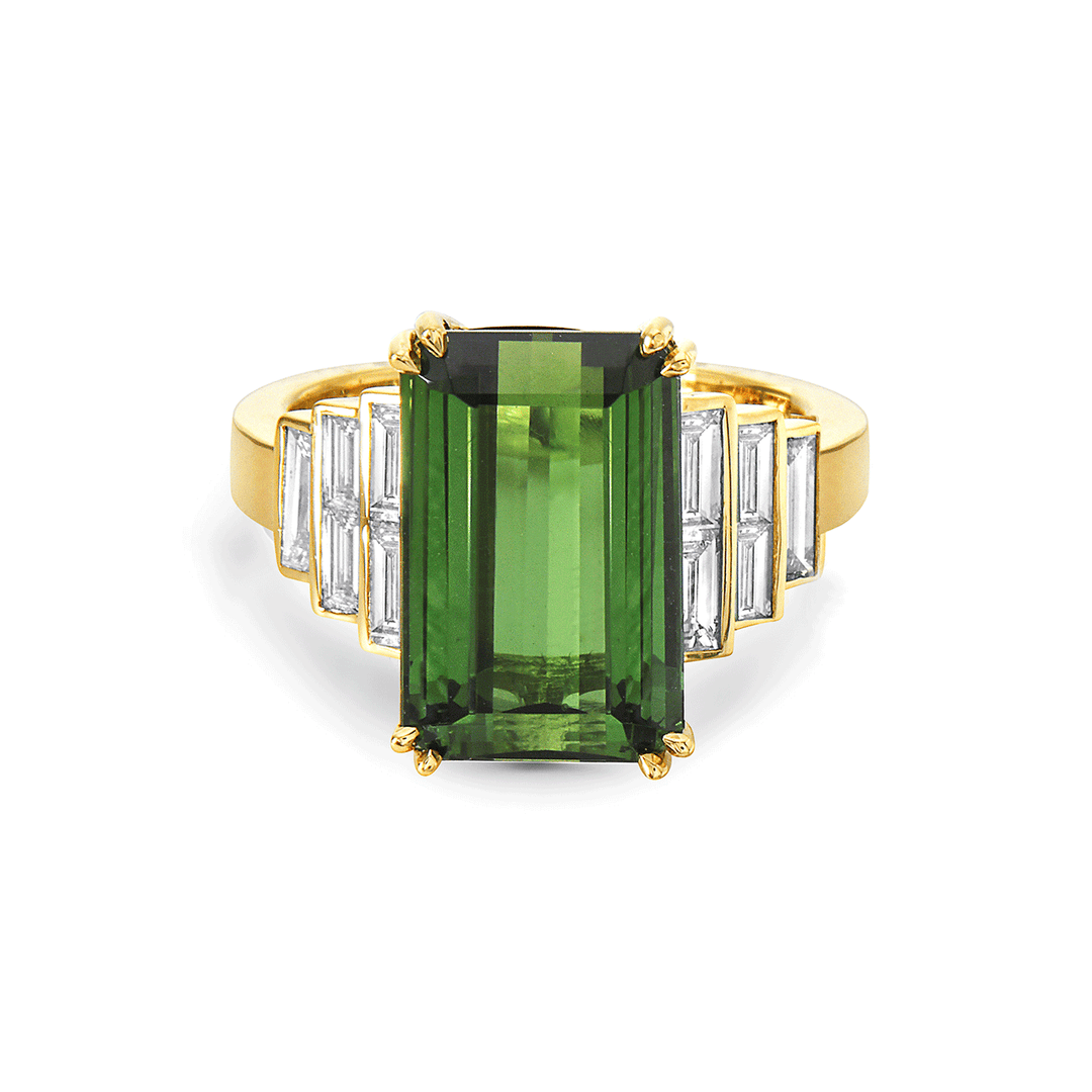 Charles Krypell 18k Yellow Gold and 6.94 Total Weight Green Tourmaline Diamond Ring