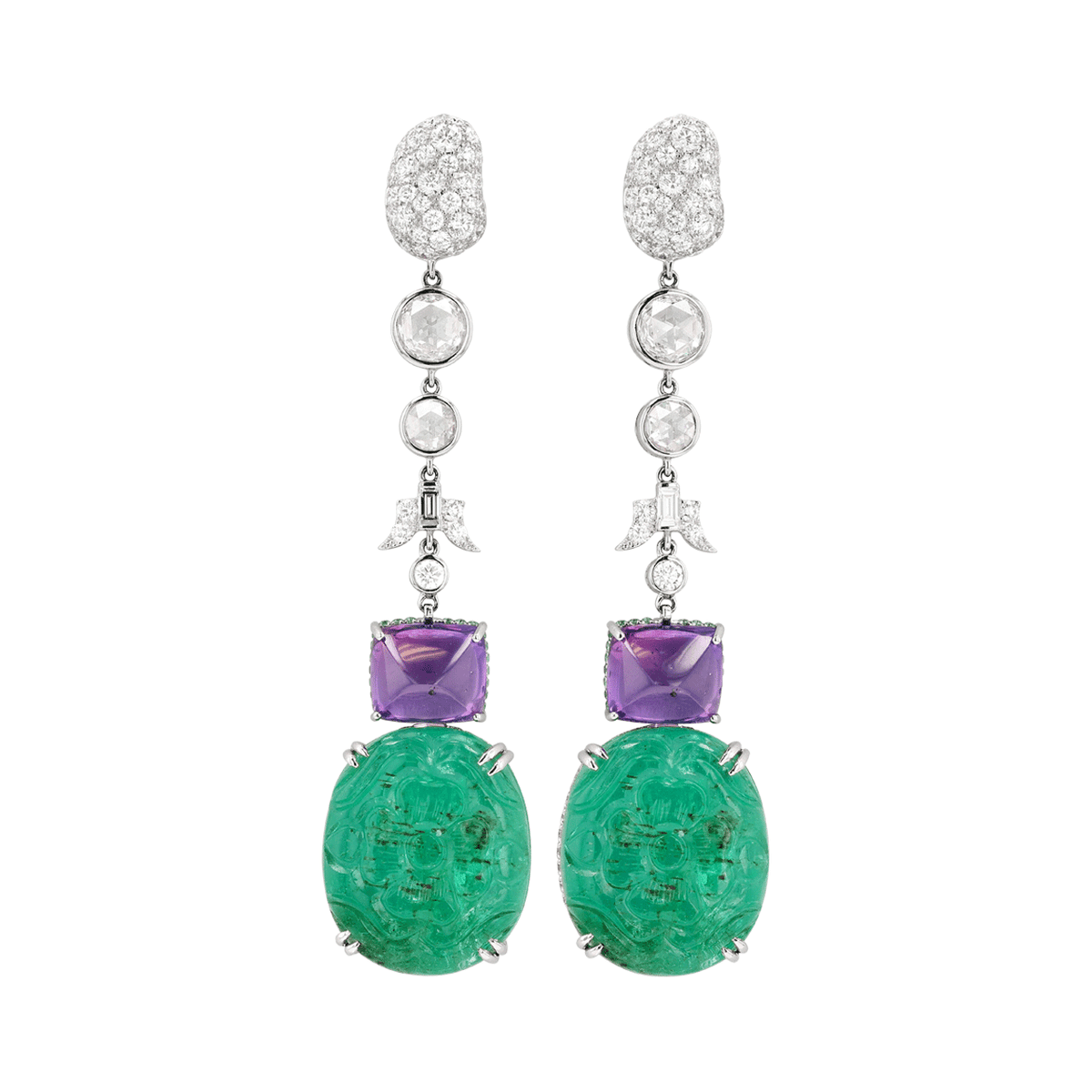 Hamilton Private Reserve 18k Gold Emerald 28.98 Total Weight and Purple Sapphire Drop Earrings