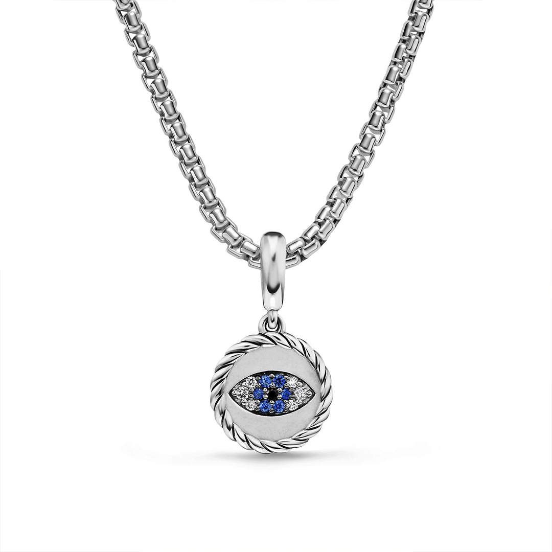 David Yurman Evil Eye Amulet in Sterling Silver with Light Blue Sapphires, Black Diamonds and Diamonds