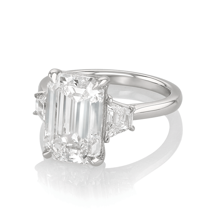 Hamilton Origin Platinum and 5.12 Total Weight Emerald Cut Diamond Engagement Three Stone Ring