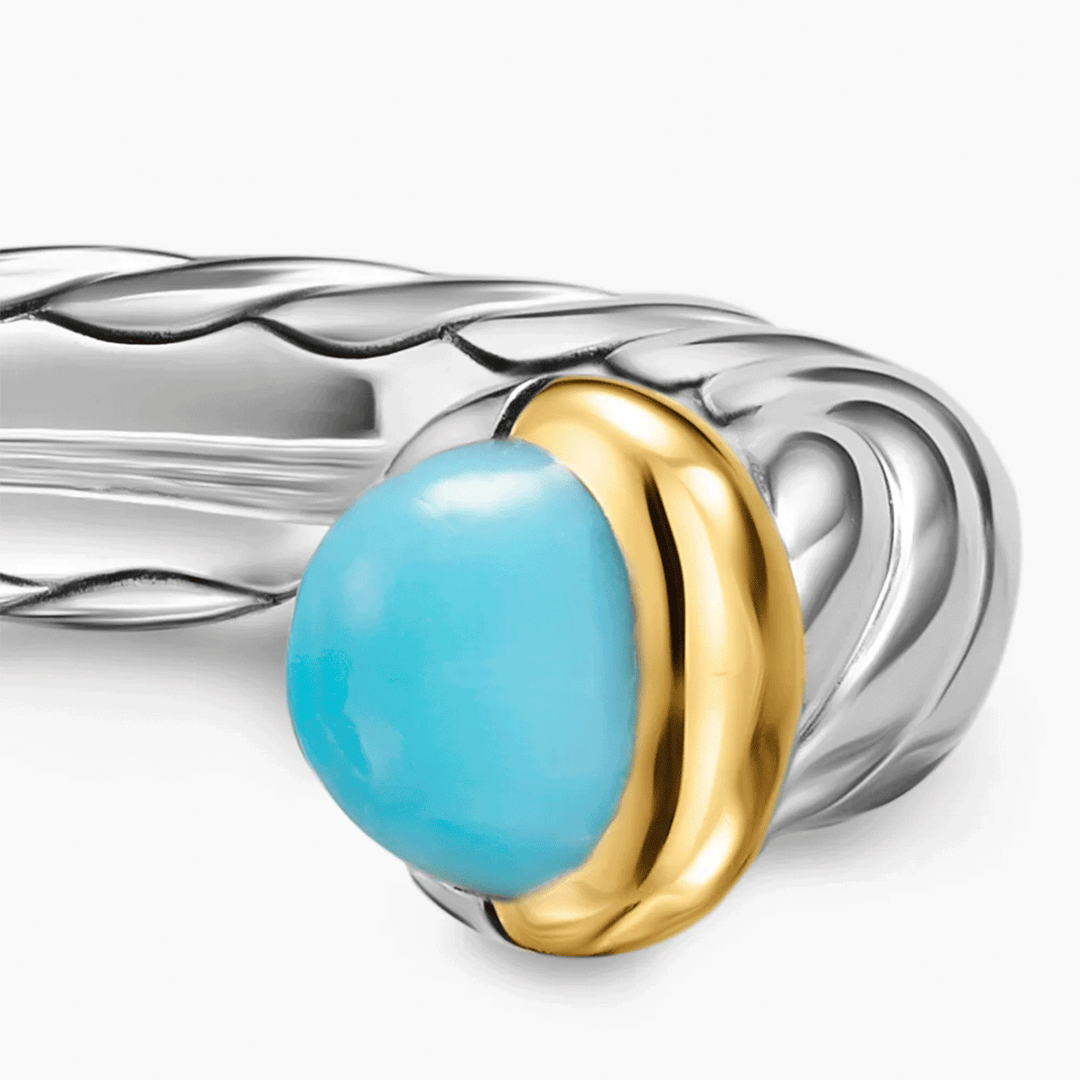 David Yurman Petite Cable Open Ring Sterling Silver with 14k Yellow Gold and Turquoise, 3.4mm