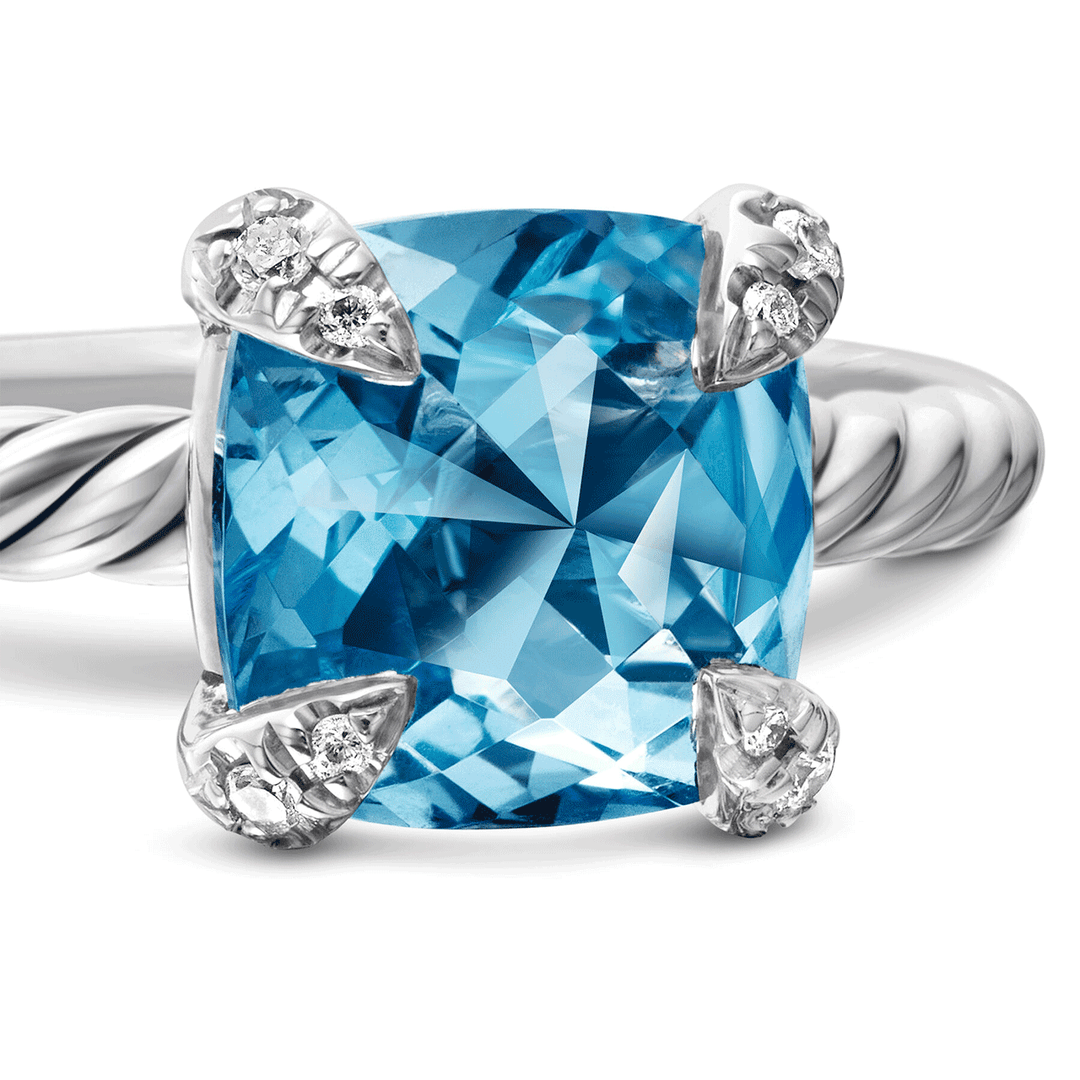David Yurman Chatelaine Ring Sterling Silver with Blue Topaz and Diamonds, 8mm