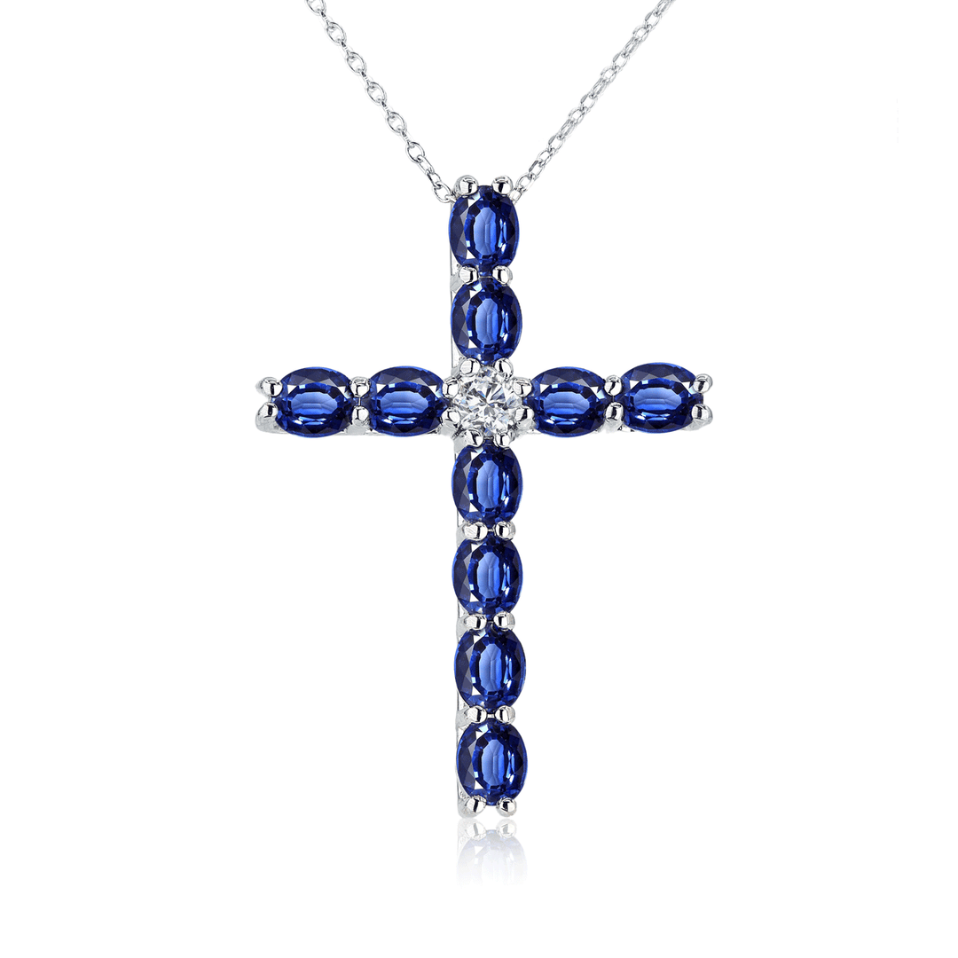 14k White Gold and Sapphire 3.30 Total Weight Cross Pendant
