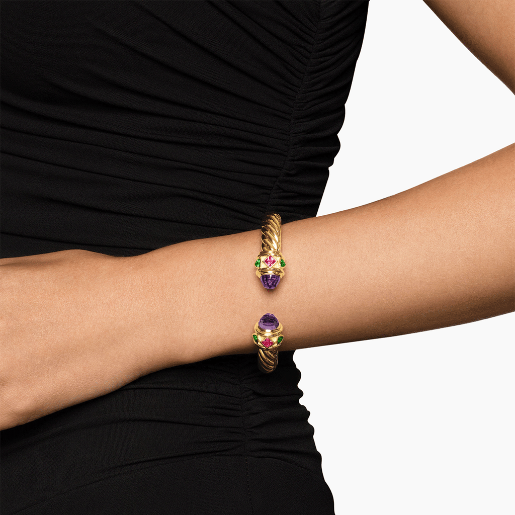 David Yurman Renaissance Cablespira Bracelet 18k Yellow Gold with Amethyst, Pink Tourmaline and Tsavorite, 9mm