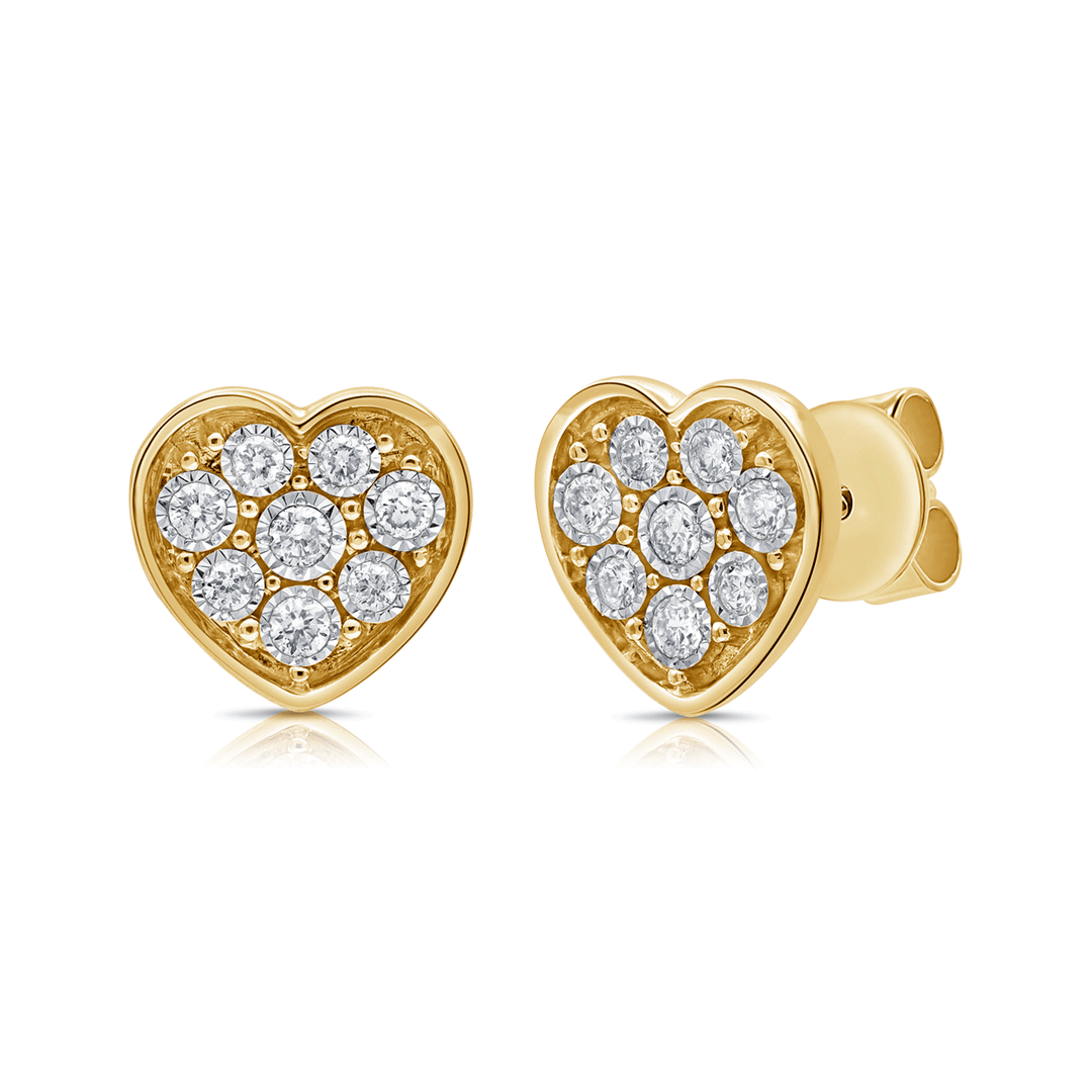 14k Yellow Gold and .17 Total Weight Diamond Heart Studs