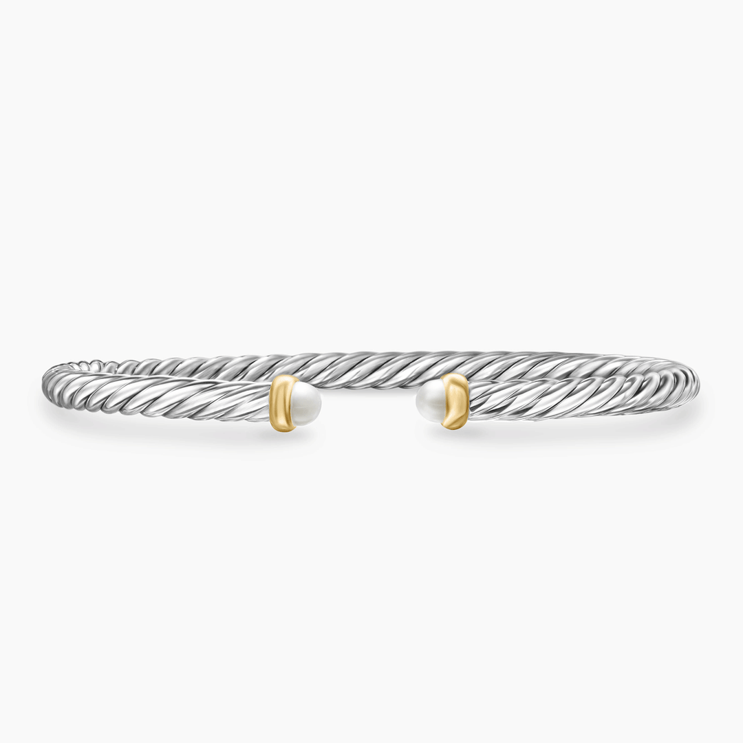 David Yurman Cable Flex Bracelet Sterling Silver with 14K Yellow Gold and Pearls, 4mm
