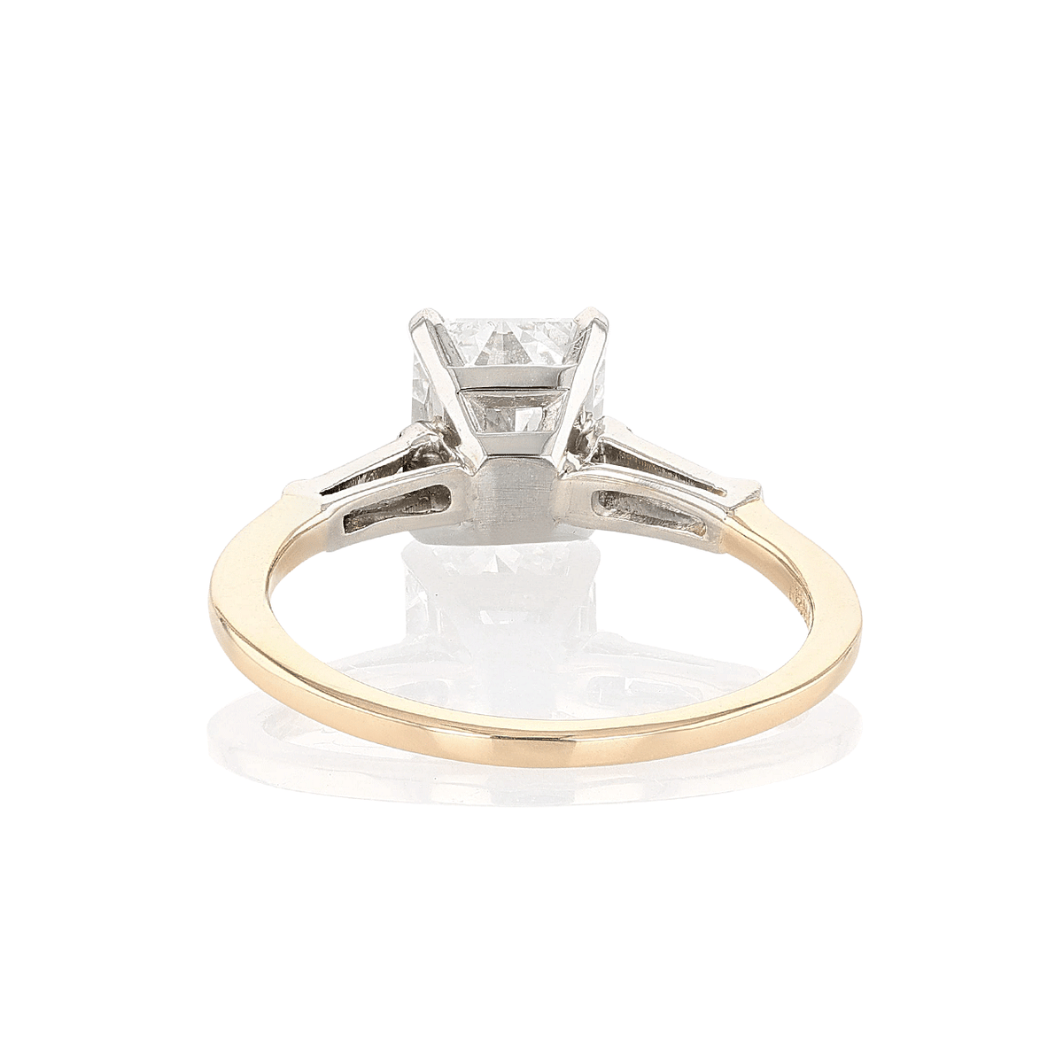 Platinum 14k Yellow Gold and 1.90 Total Weight Radiant Cut Diamond Three Stone Ring