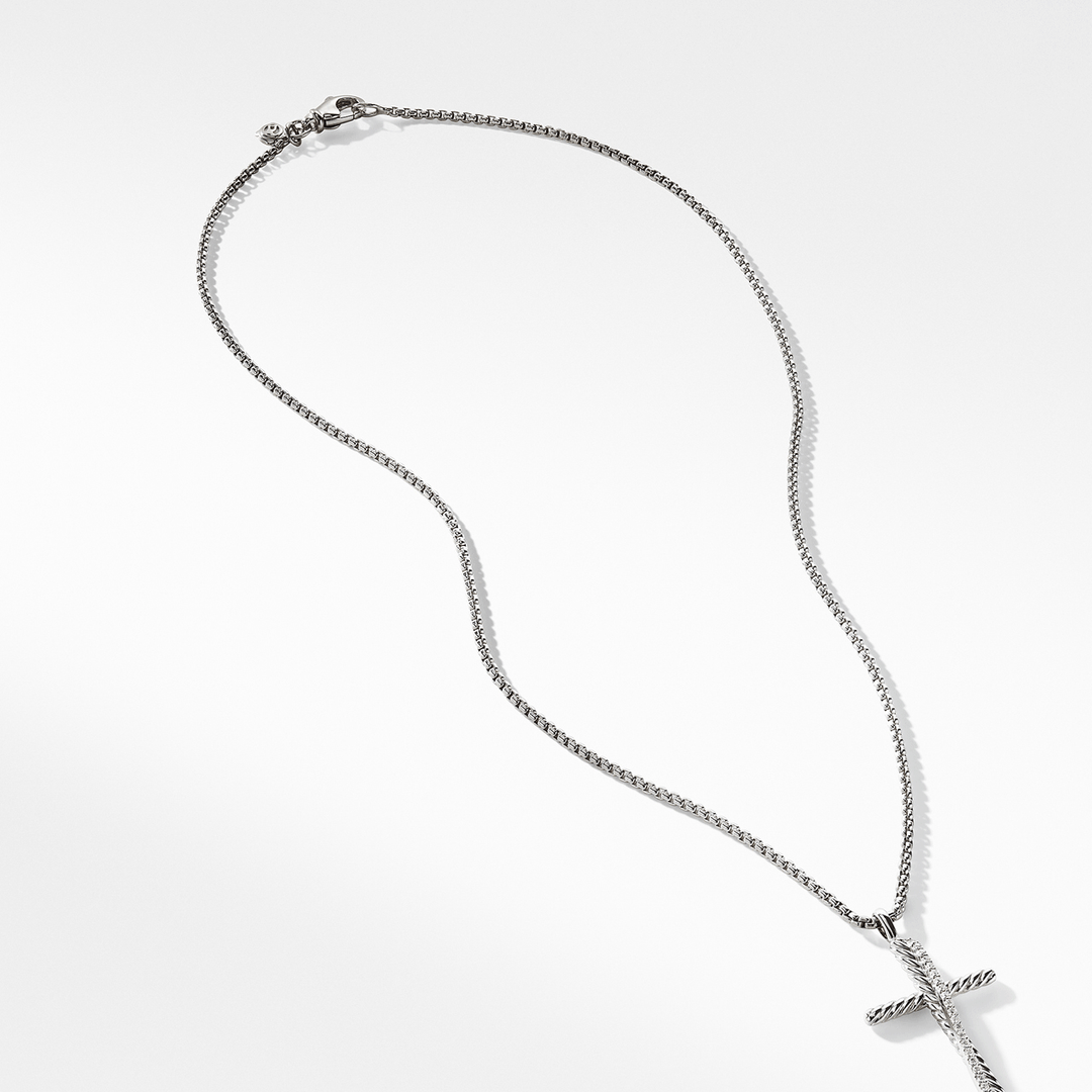 David Yurman Crossover Cross Necklace Sterling Silver with Diamonds, 35.6mm
