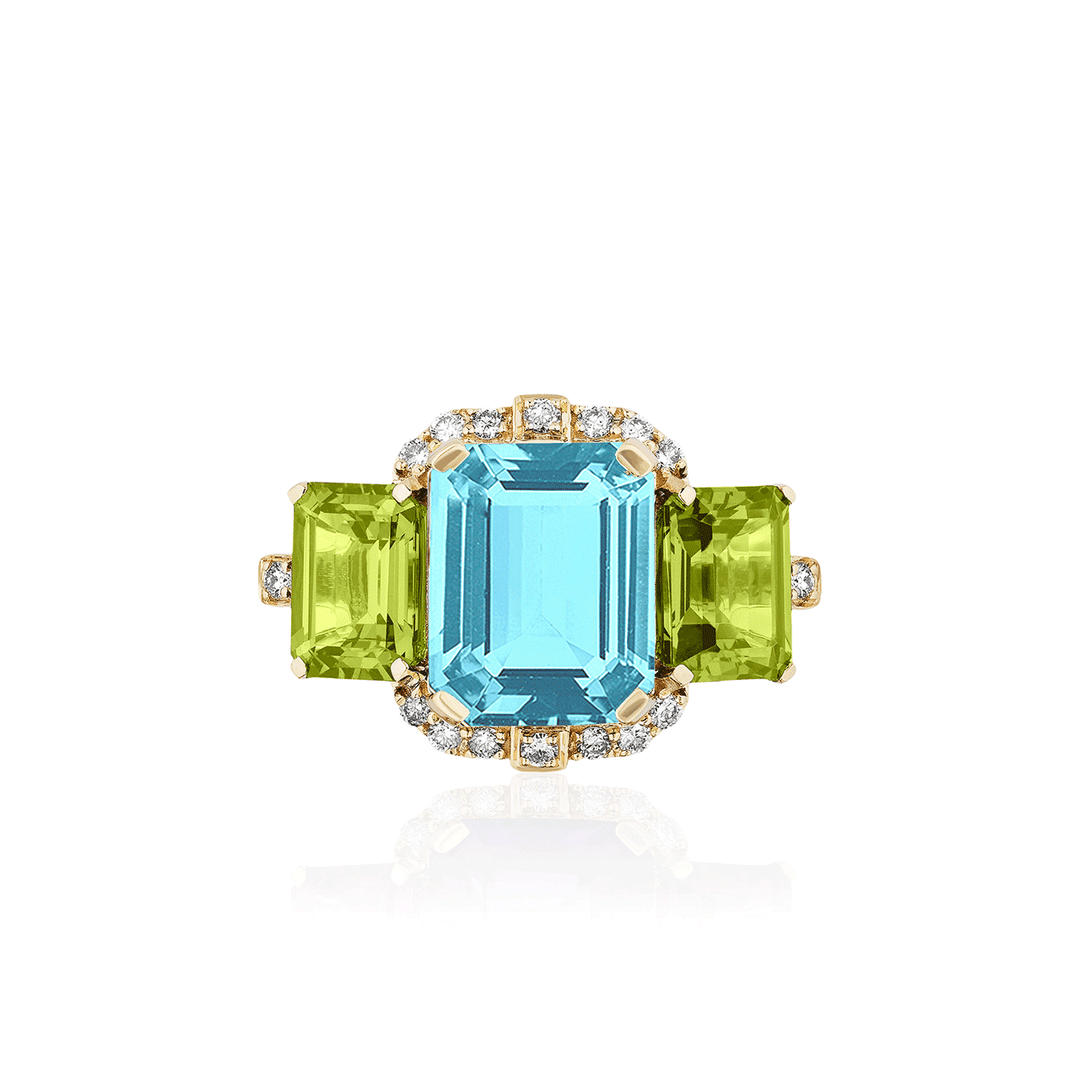 Goshwara Gossip 18k Yellow Gold and Blue Topaz Peridot Three Stone Ring