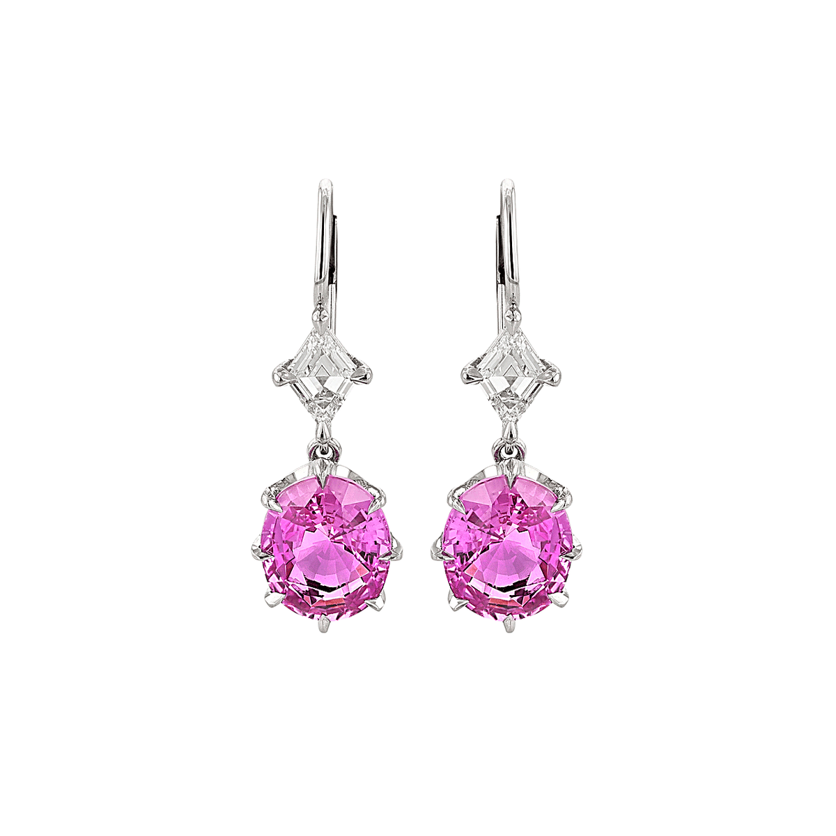 Platinum and Oval Pink Sapphire 6.09 Total Weight Drop Earrings