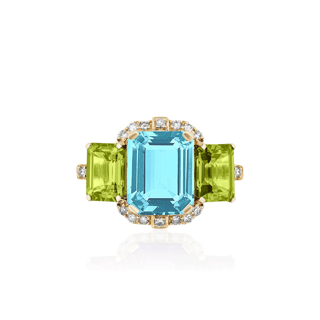 Goshwara Gossip 18k Yellow Gold and Blue Topaz Peridot Three Stone Ring