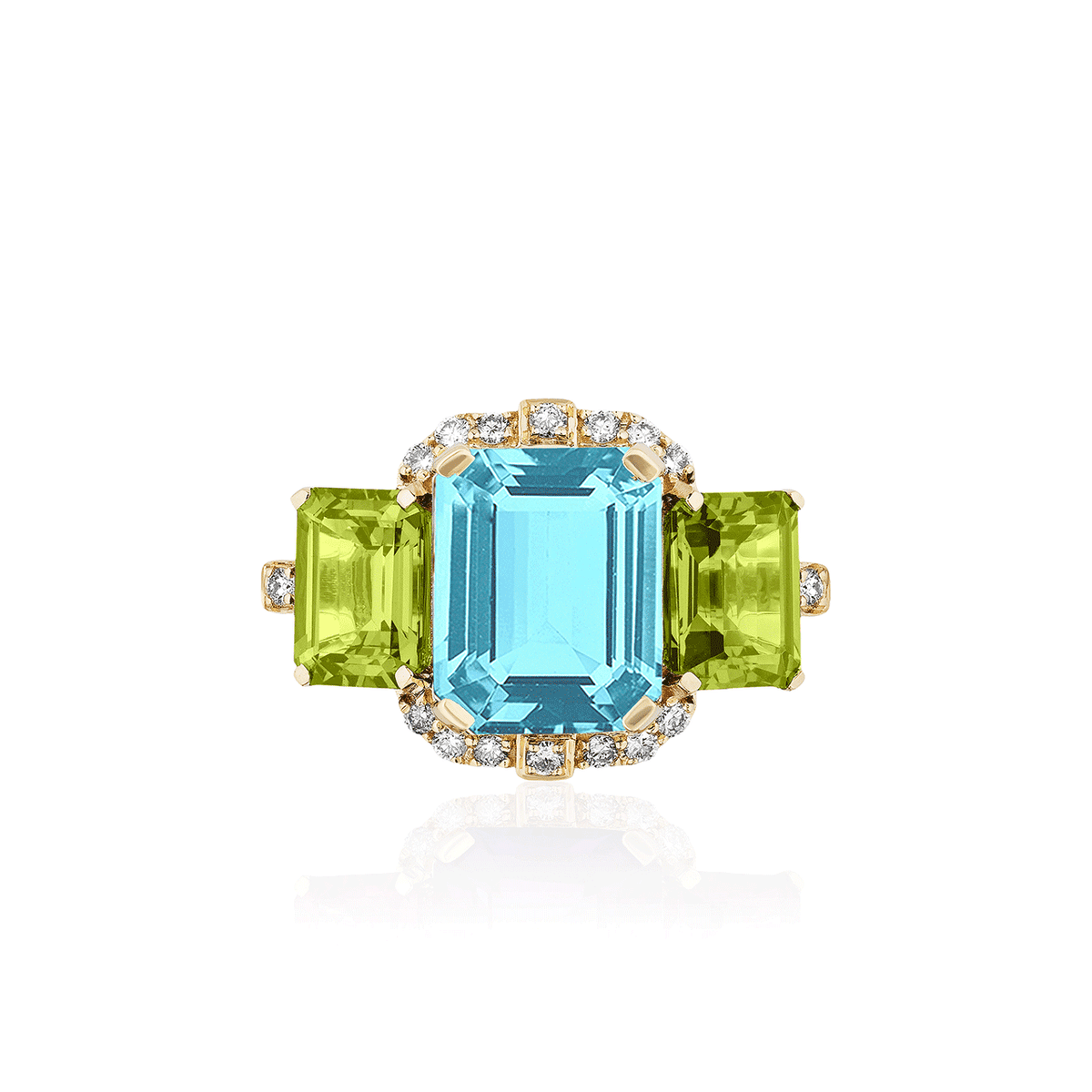 Goshwara Gossip 18k Yellow Gold and Blue Topaz Peridot Three Stone Ring