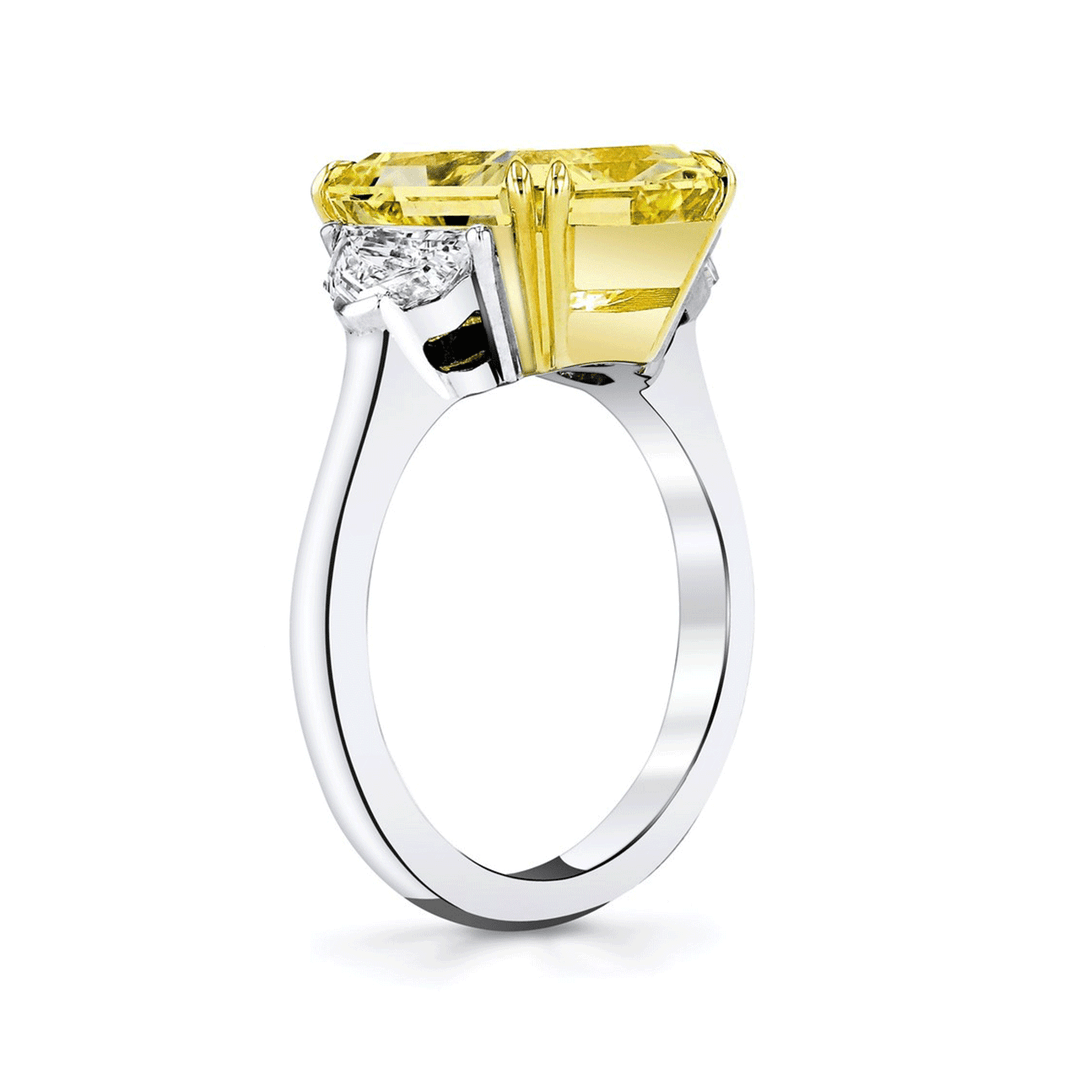 Platinum 18k Yellow Gold and 6.01 Total Weight Radiant Cut Fancy Yellow Diamond Three Stone Ring