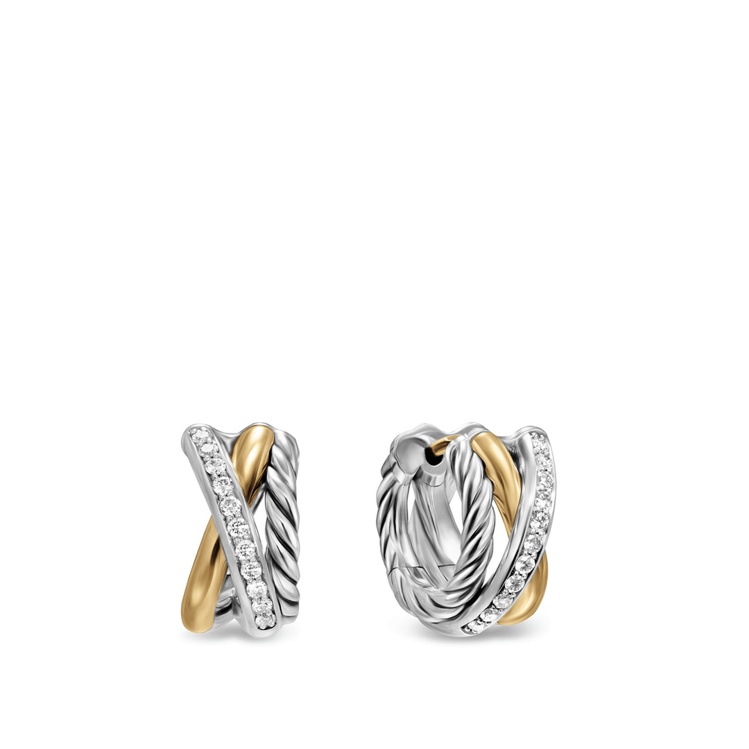 David Yurman Crossover Three Row Huggie Hoop Earrings Sterling Silver with 18k Yellow Gold, 13mm