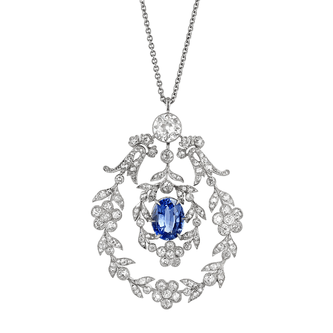 Platinum Oval Sapphire 3.11 Total Weight and Diamond Pendant