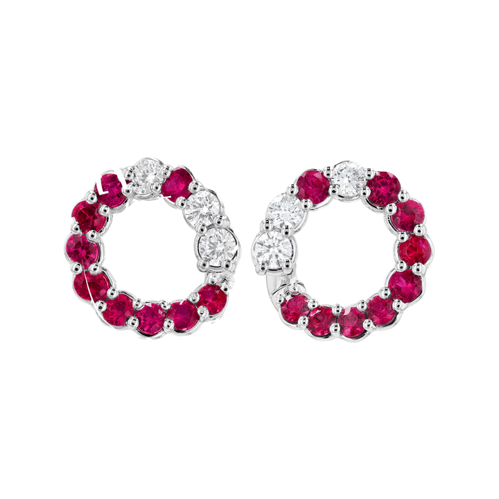 18k Gold .83 Total Weight Ruby and Diamond Hoops