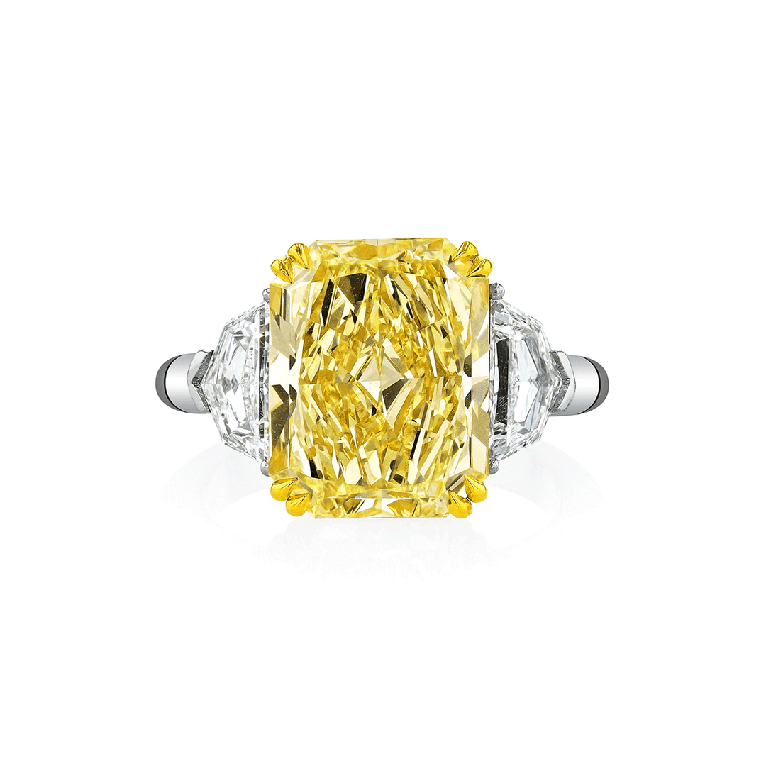 Platinum 18k Yellow Gold and 6.01 Total Weight Radiant Cut Fancy Yellow Diamond Three Stone Ring