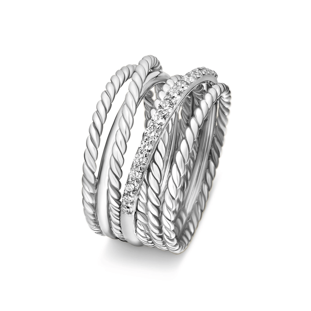 David Yurman Crossover Ring Sterling Silver with Diamonds, 12mm