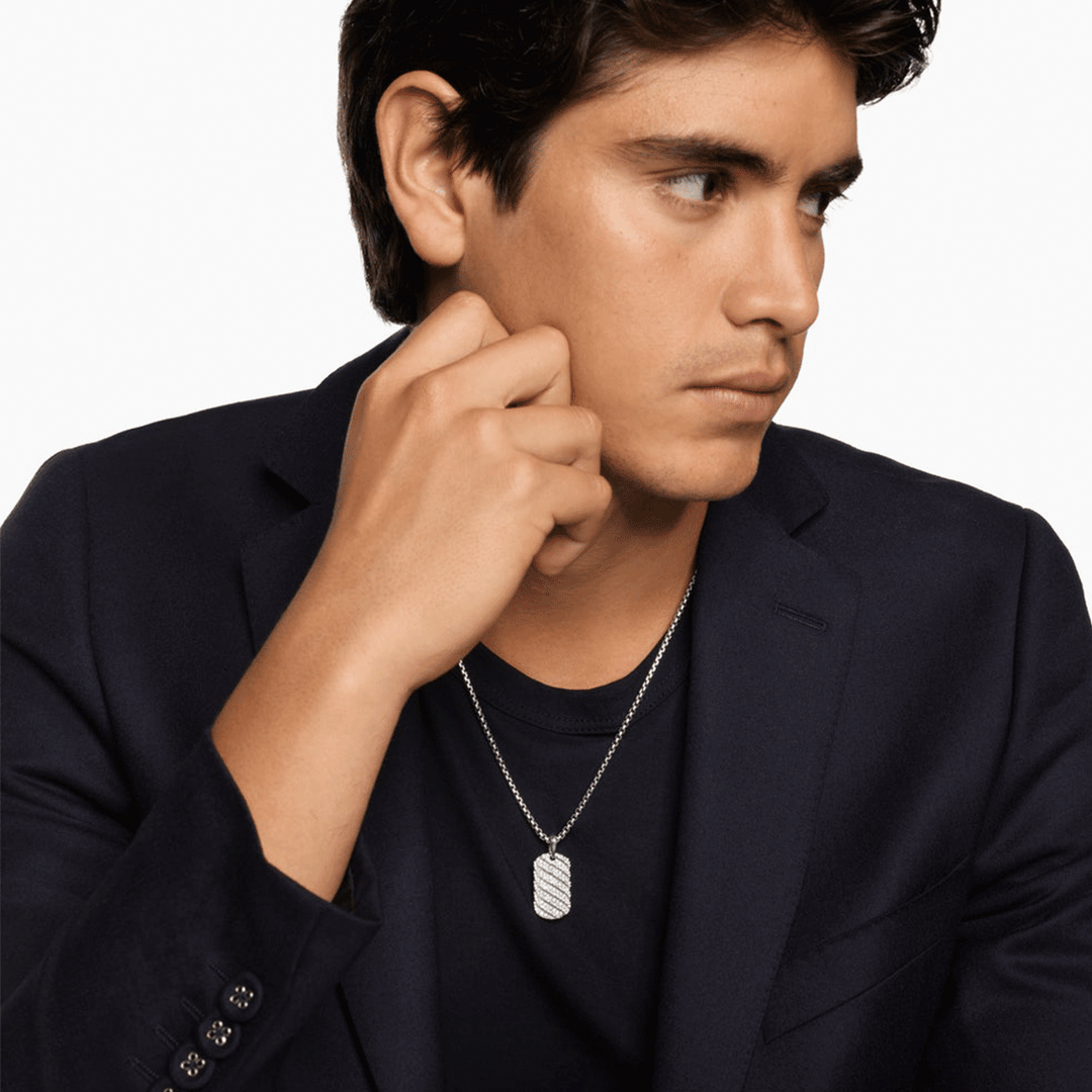 David Yurman Sculpted Cable Tag Sterling Silver with Diamonds, 27mm