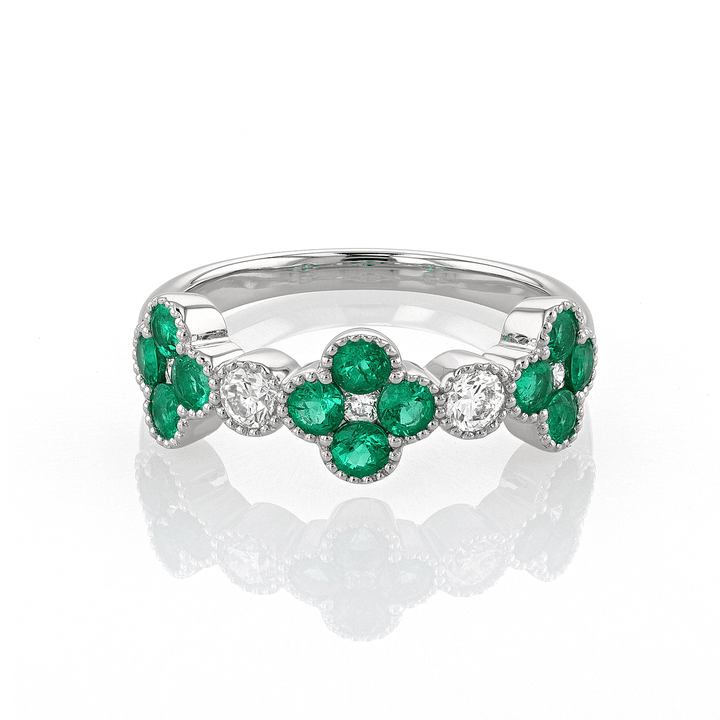 18k Gold Flora Emerald .83 Total Weight and Diamond Ring