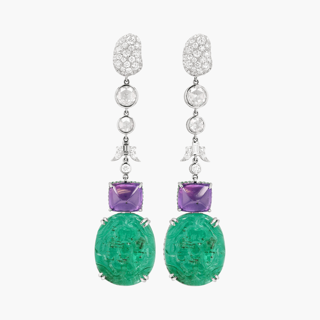 18k White Gold Emerald 28.98 Total Weight and Purple Sapphire Drop Earrings