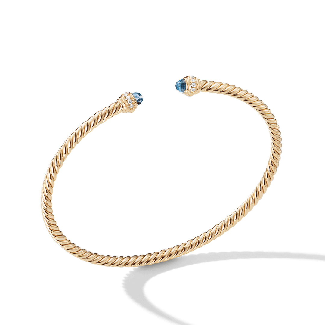 David Yurman Classic Cablespira Bracelet 18K Yellow Gold with Hampton Blue Topaz and Diamonds, 3mm