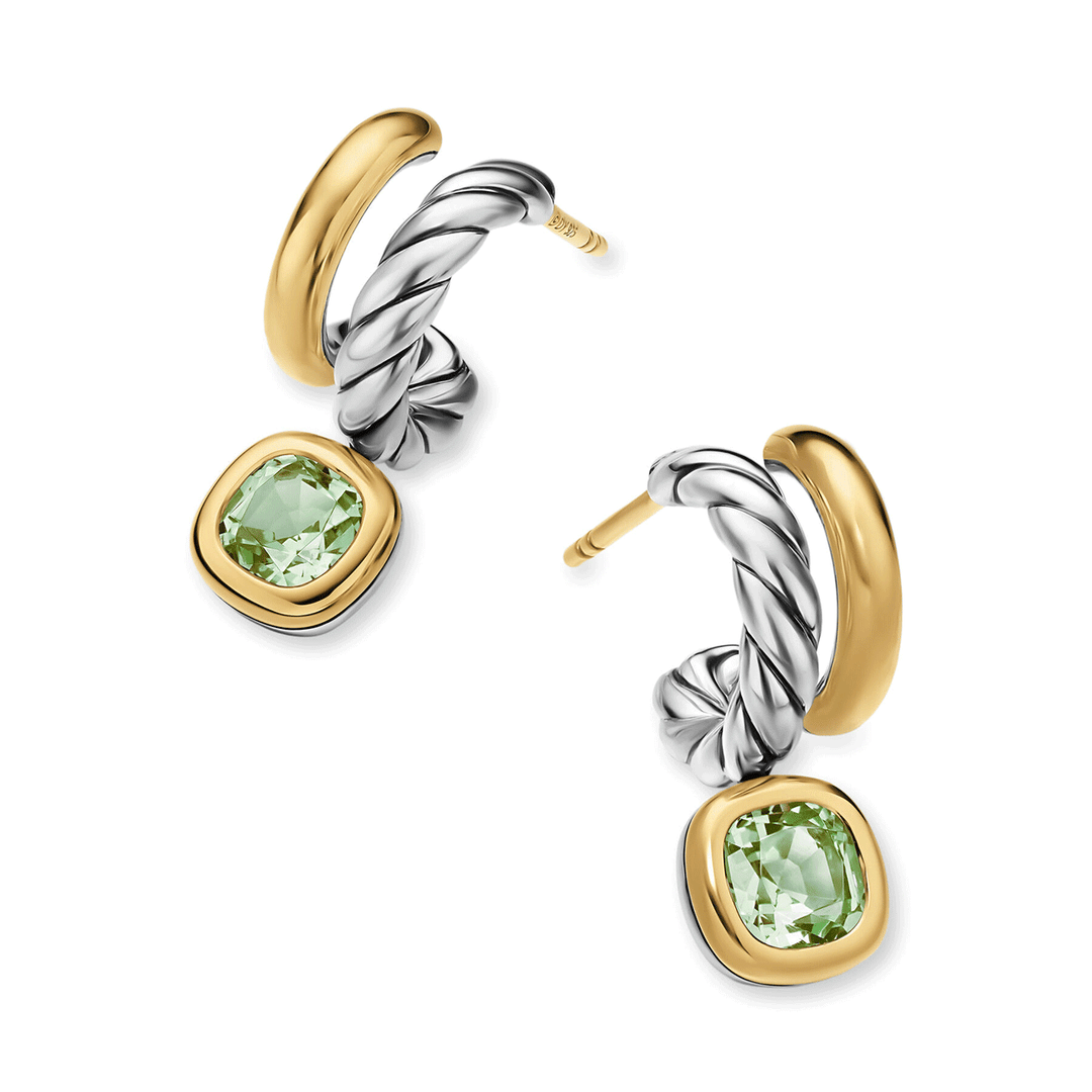 David Yurman DY Mercer® Color Two Row Drop Earrings Sterling Silver with 18K Yellow Gold and Prasiolite, 19.5mm