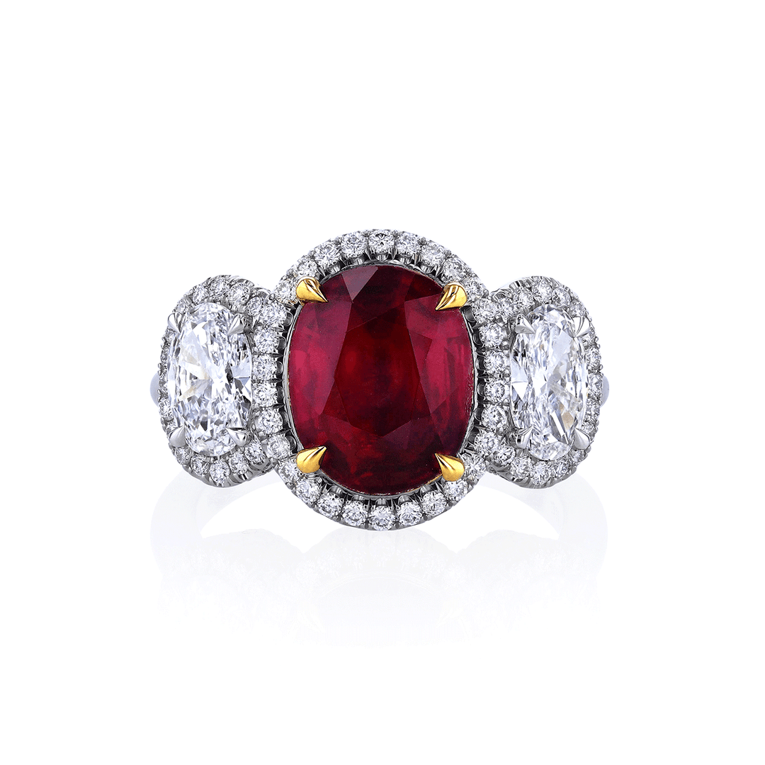 Platinum 18k Yellow Gold and 4.05 Total Weight Ruby Diamond Three Stone Ring