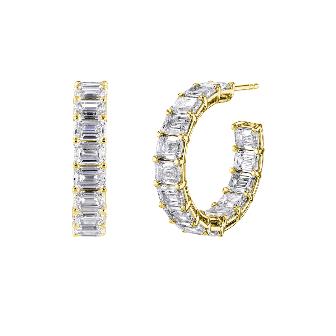 18k Gold and Emerald Cut Diamond 6.32 Total Weight In and Out Hoops