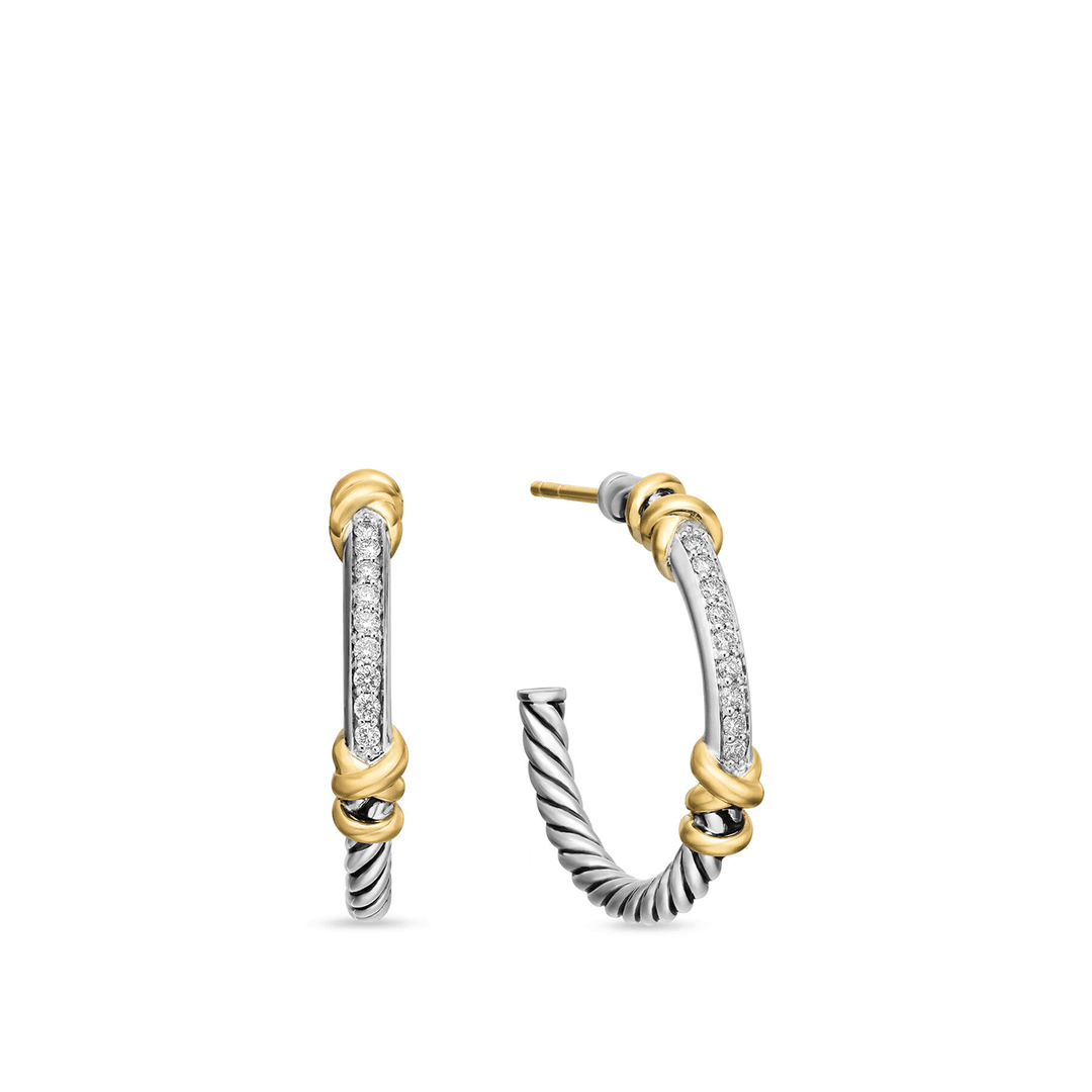 David Yurman Petite Helena Wrap Hoop Earrings Sterling Silver with 18K Yellow Gold and Diamonds, 1in