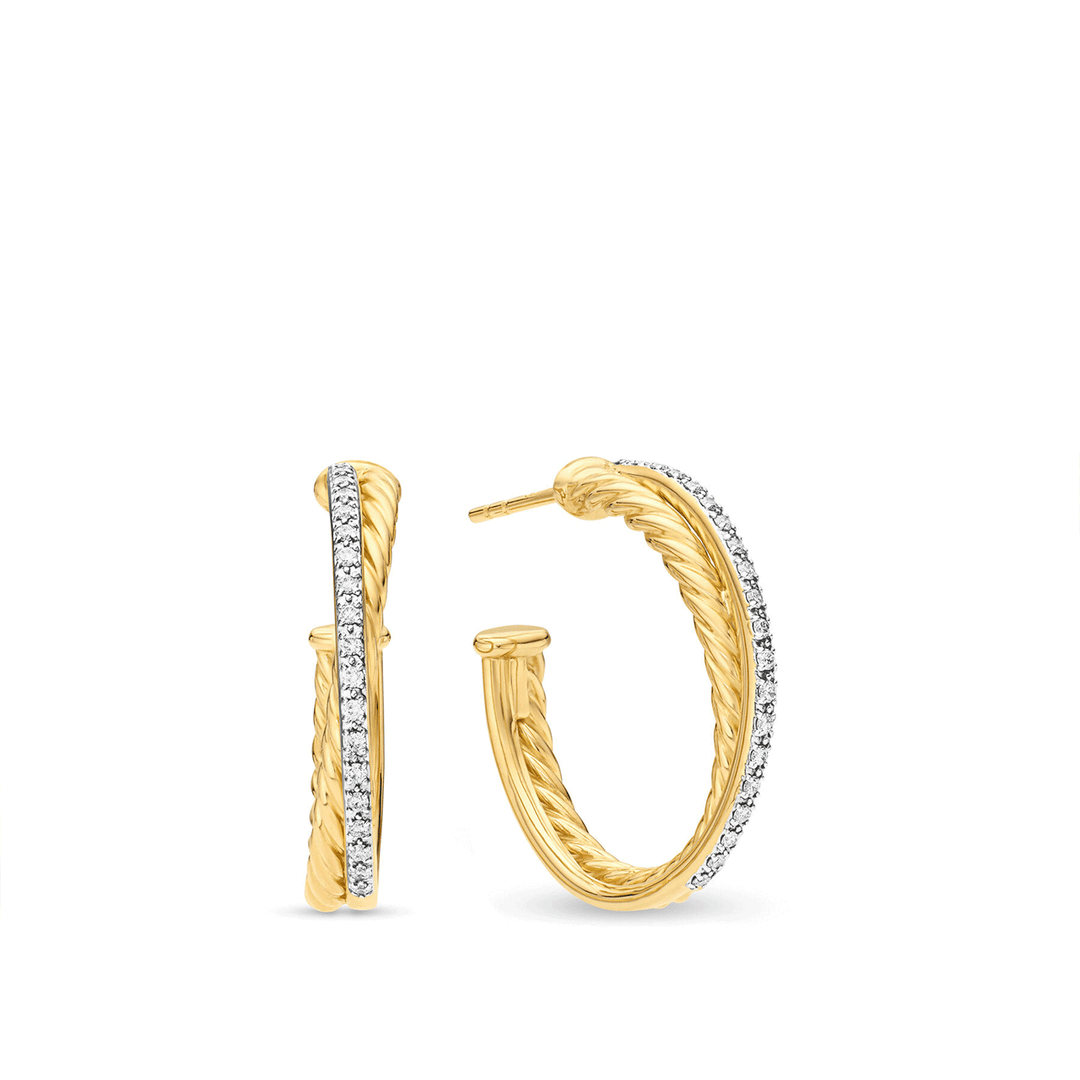 David Yurman Crossover Hoop Earrings 18K Yellow Gold with Diamonds, 26.5mm