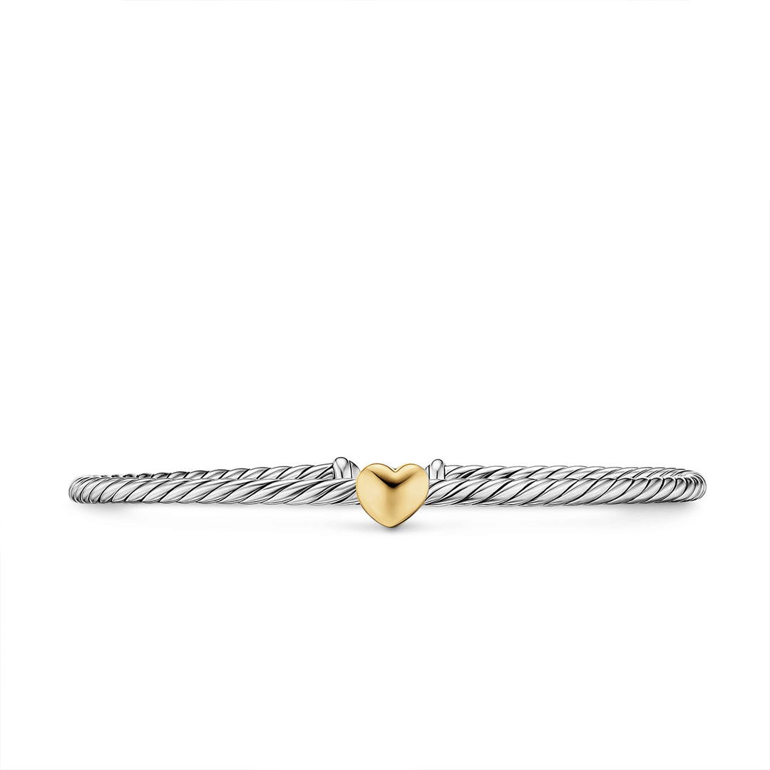 David Yurman Micro Cable Flex® Heart Station Bracelet Sterling Silver with 14K Yellow Gold, 2.6mm Med