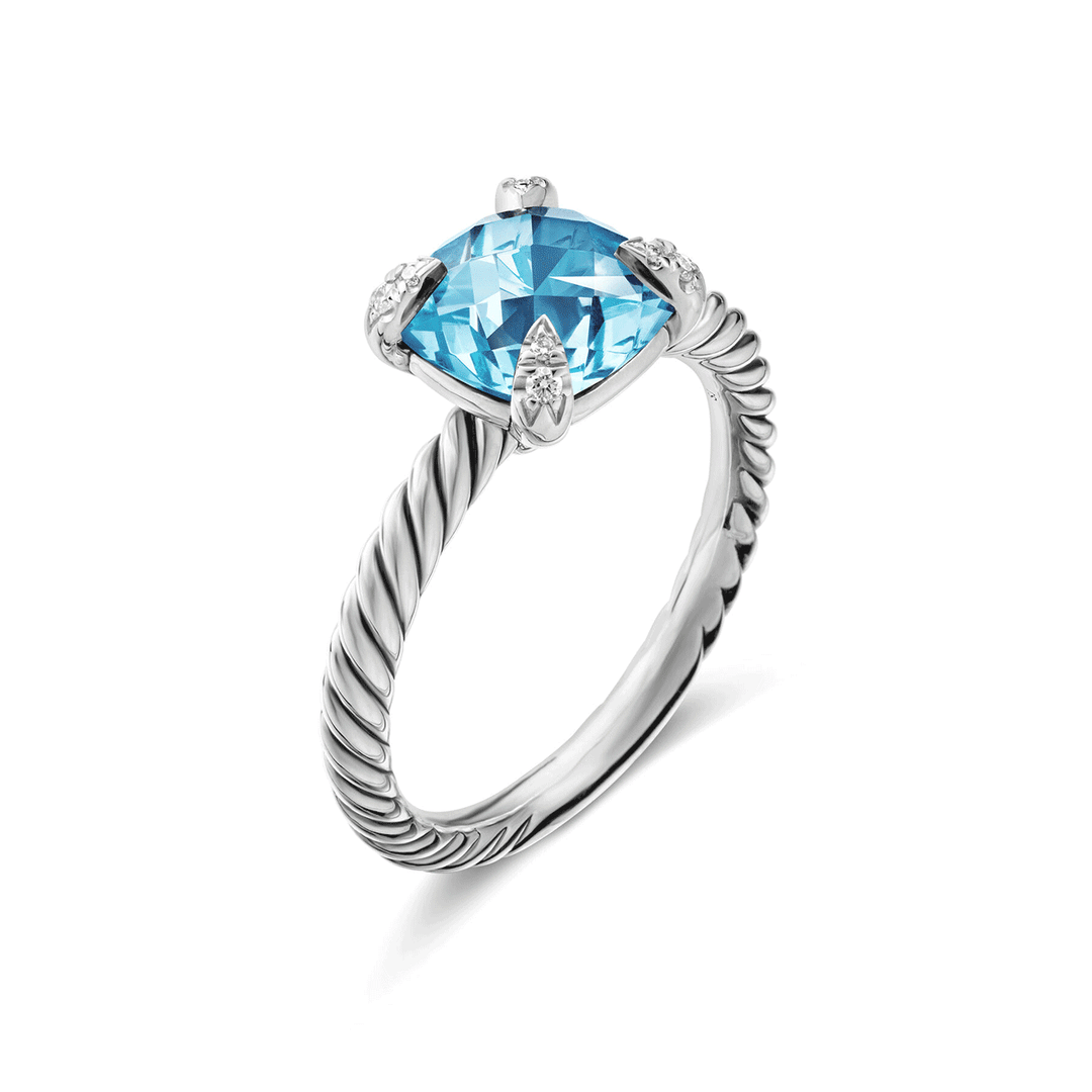 David Yurman Chatelaine Ring Sterling Silver with Blue Topaz and Diamonds, 8mm