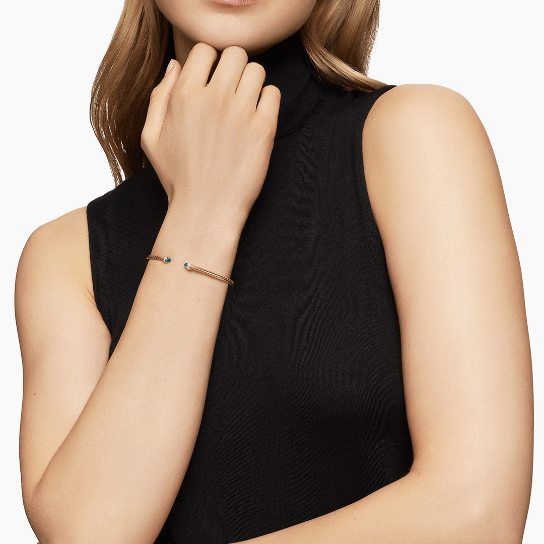 David Yurman Classic Cablespira Bracelet 18K Yellow Gold with Hampton Blue Topaz and Diamonds, 3mm