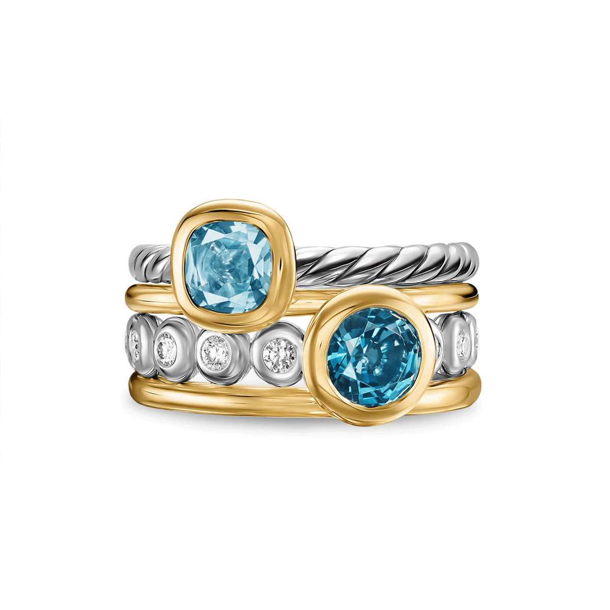 David Yurman DY Mercer® Color Stone Multi Row Ring Sterling Silver with 18K Yellow Gold, Blue Topaz and Diamonds, 10mm