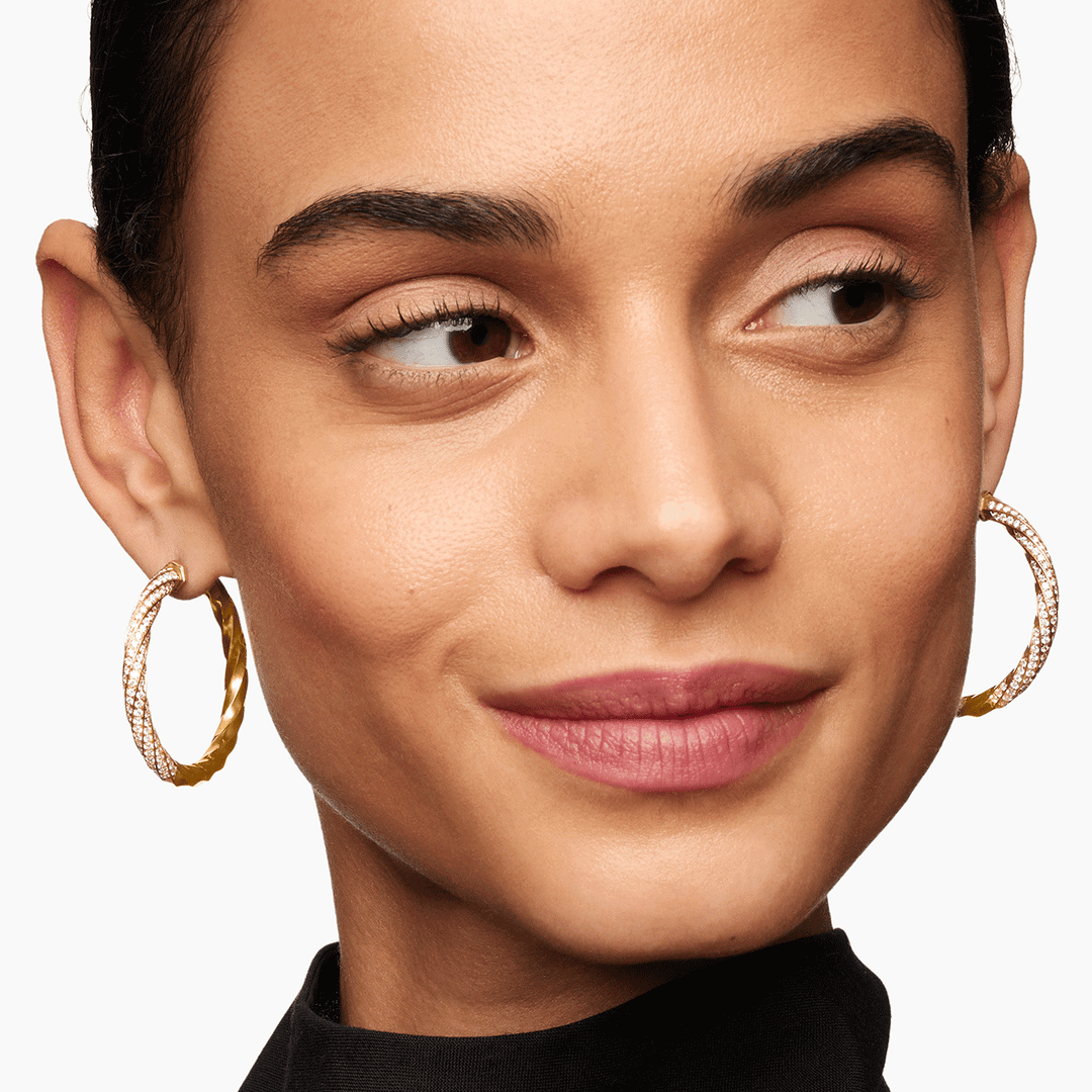 David Yurman Cable Edge Hoop Earrings in Recycled 18k Yellow Gold with Pavé Diamonds