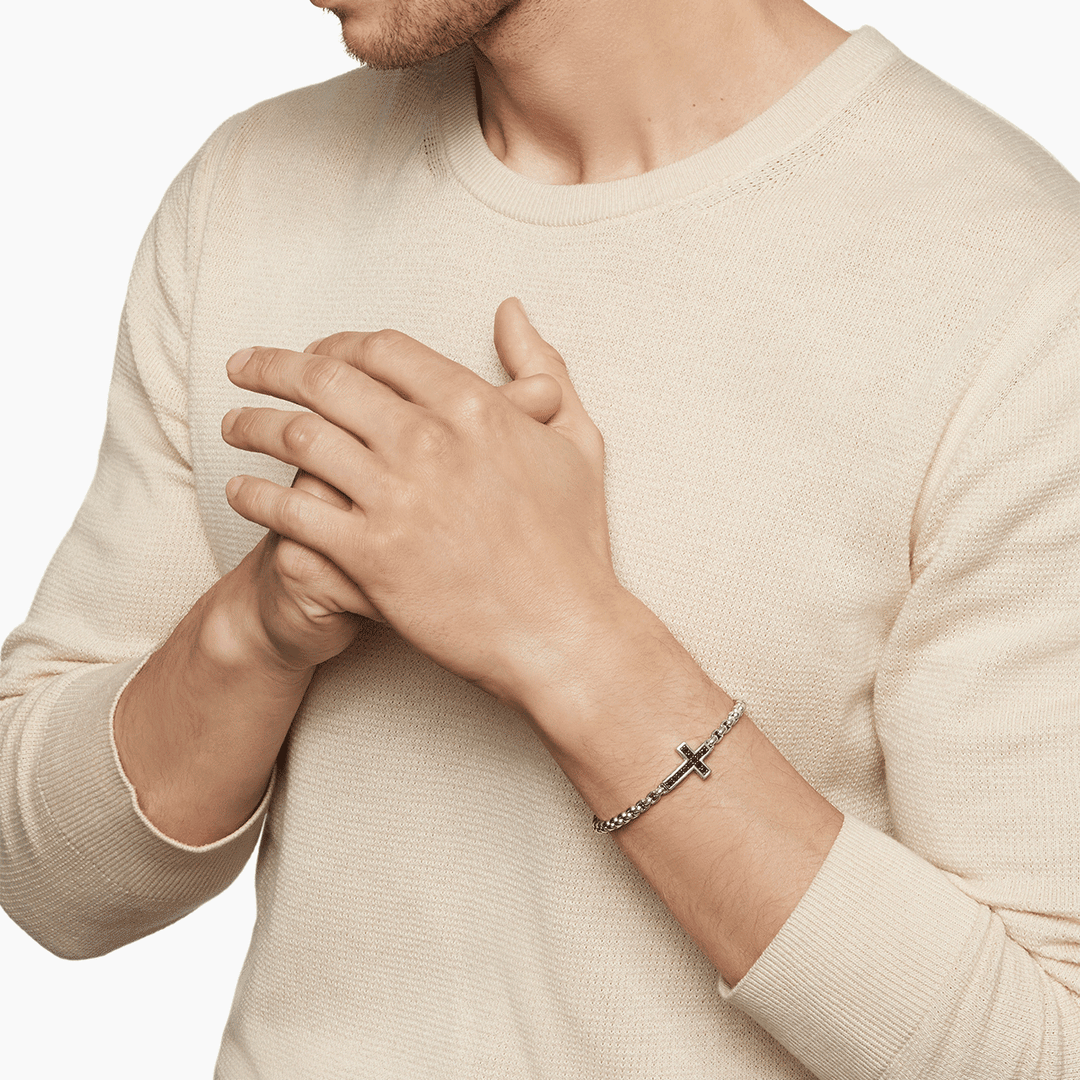 David Yurman Cross Station Bracelet Sterling Silver with Black Diamonds, 5mm
