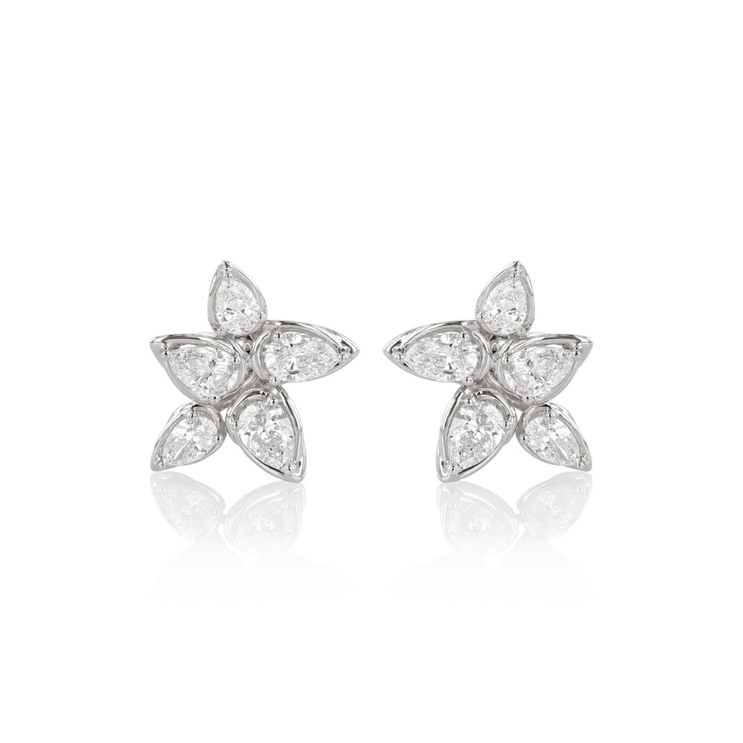 18k White Gold and 2.10 Total Weight Diamond Flower Stud Earrings