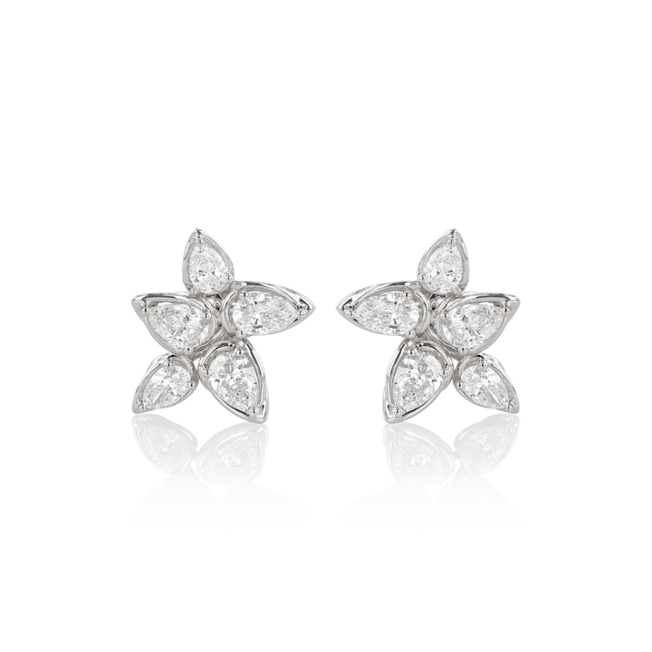 18k White Gold and 2.10 Total Weight Diamond Flower Stud Earrings